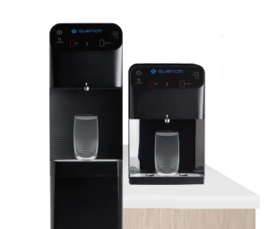 Q8 countertop and freestanding water coolers with glass of water